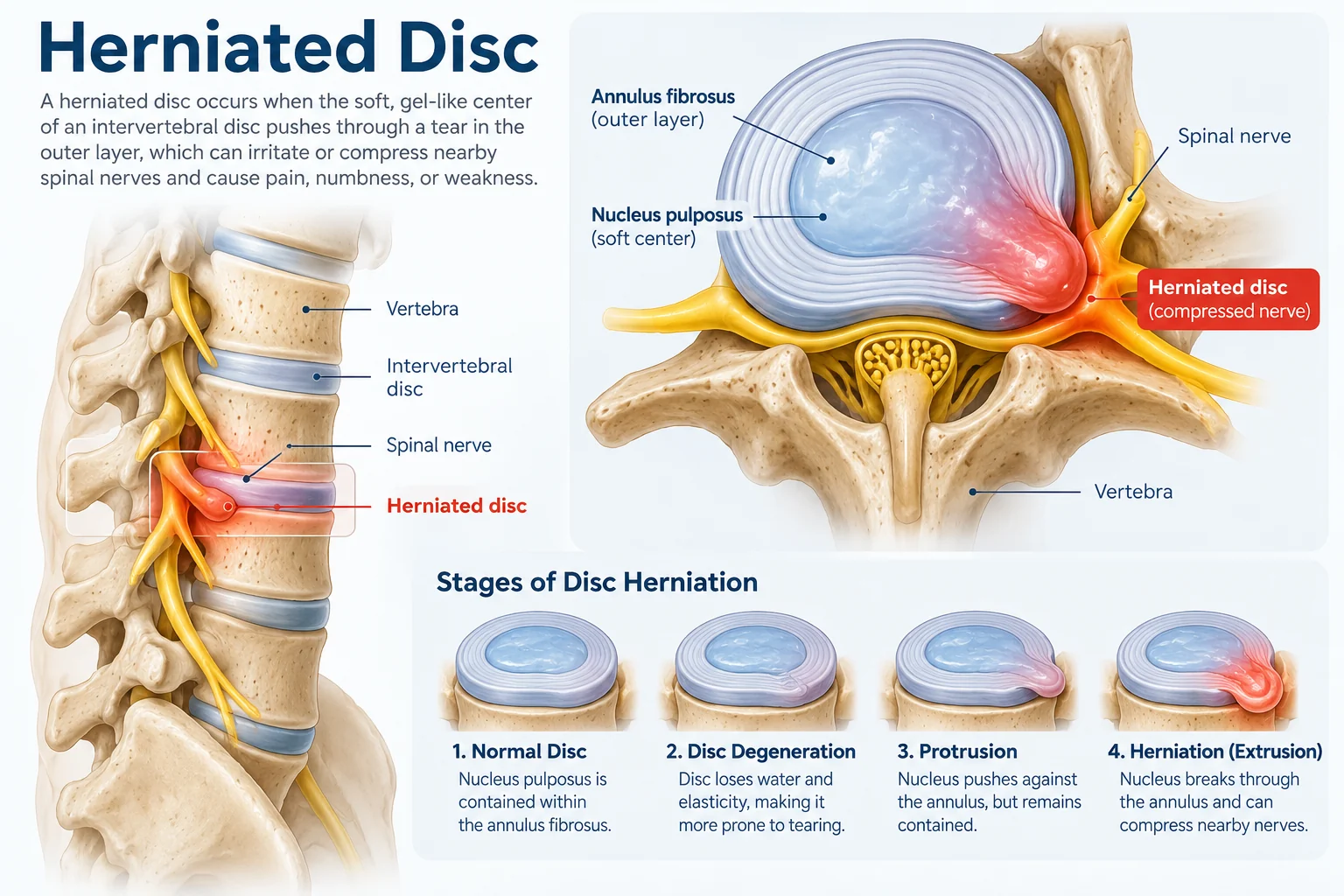 Medical illustration explaining herniated disc and stages of disc herniation