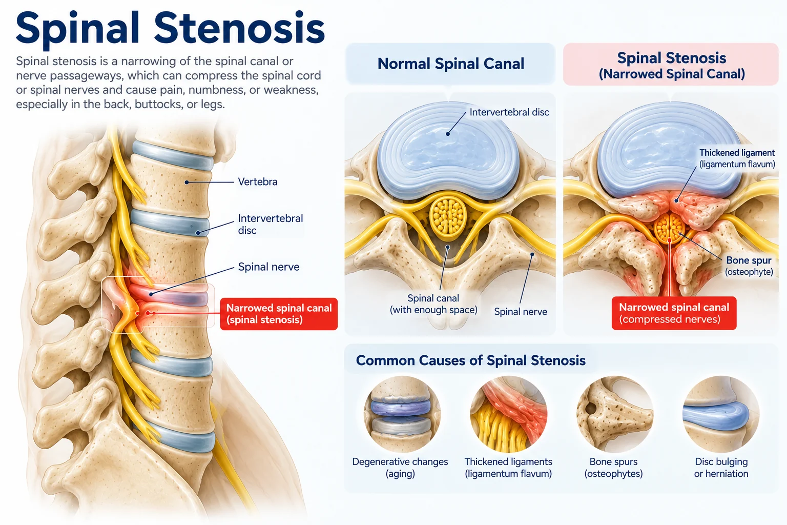 Medical illustration comparing normal spinal canal and spinal stenosis